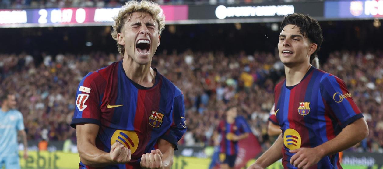 El festejo de Fermín tras marcar el segundo gol del Barcelona. 