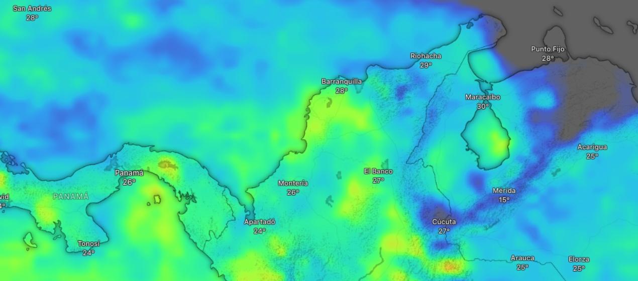 Colores azul y amarillo se refiere al mayor acumulado de lluvias para este fin de semana en la Región Caribe. 