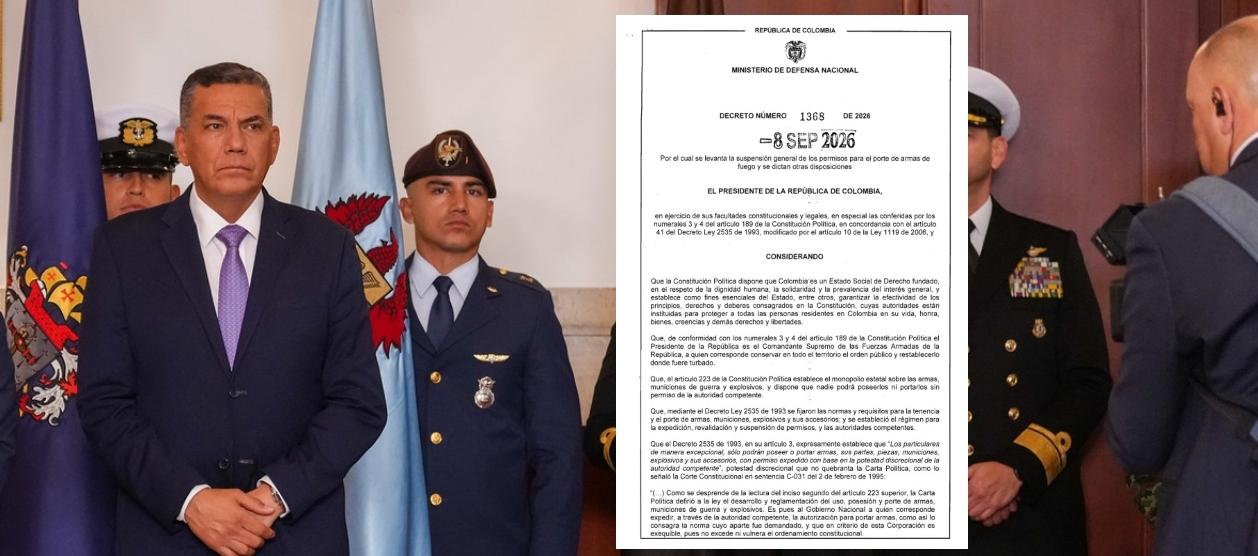 El Ministro de Defensa, Jorge Mora, y la imagen del Decreto.