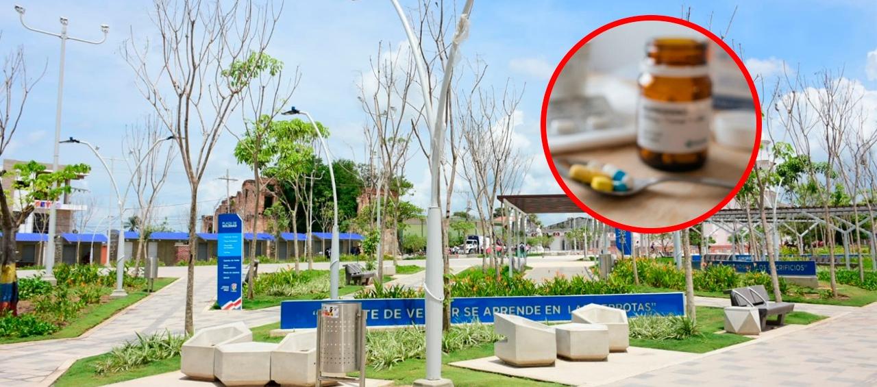 Plaza de Soledad e imagen de medicamento.