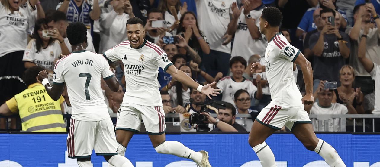  Kylian Mbappé festeja tras marcar el primer gol del Real Madrid.
