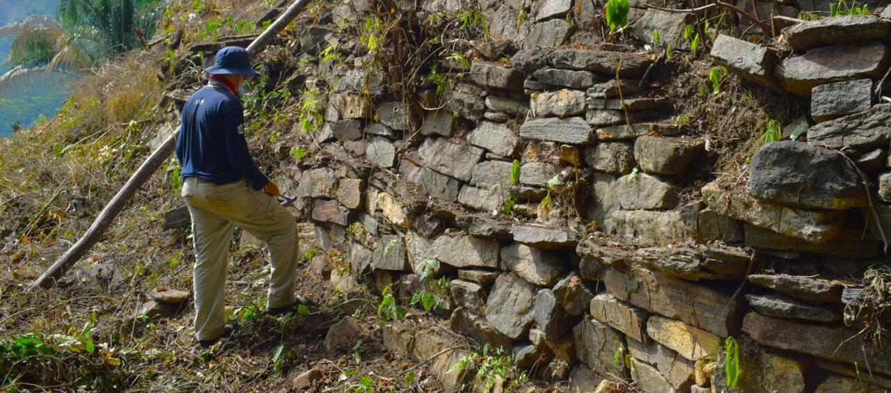 Estudiante de Geología estudia roca en uno de los muros de la terraza monumental de Betoma.