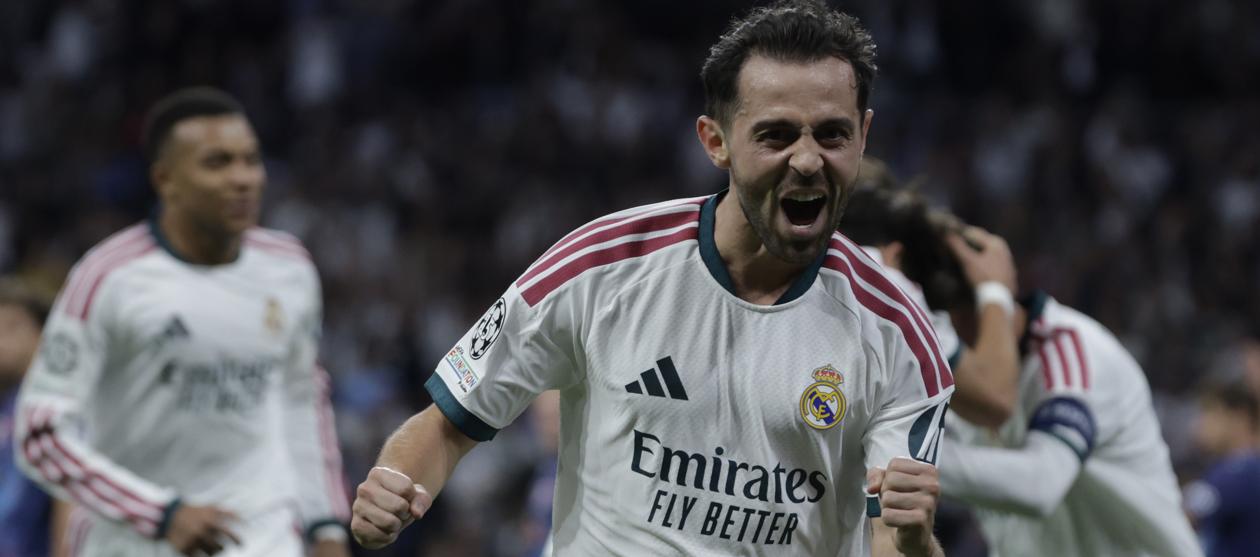 Bernardo Silva festeja tras marcar su primer gol con la camiseta del Real Madrid.