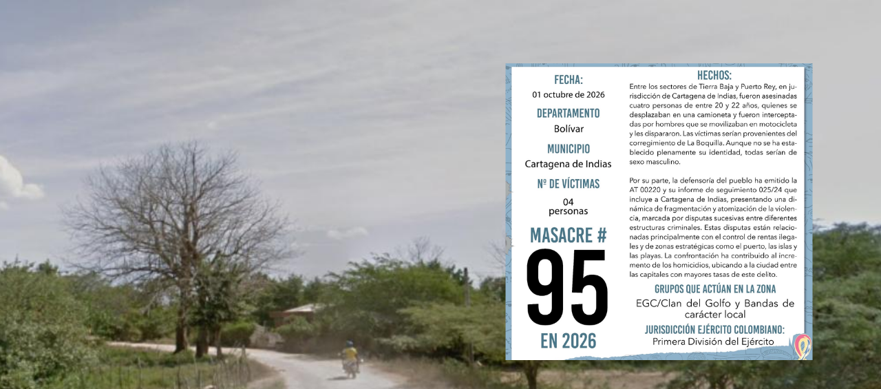 Entrada a la vereda Puerto Rey, donde ocurrió la masacre y panfleto.