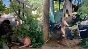 La parte frontal del bus quedó averiada tras el impacto. 