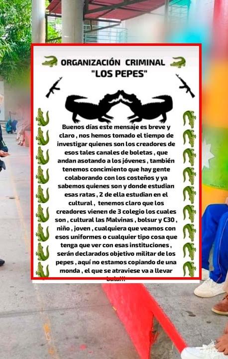 Imagen de una visita de la Policía a uno de los colegios y del panfleto.