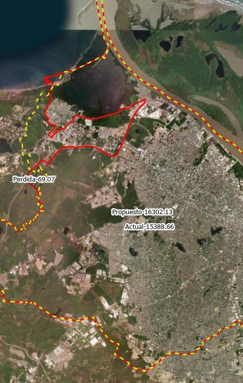 La línea roja correponde a lo propuesto por el Distrito de Barranquilla y la línea amarilla, la de Puerto Colombia.