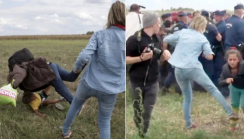 Momentos en que la periodista Petra László puso zancadillas a varios refugiados.