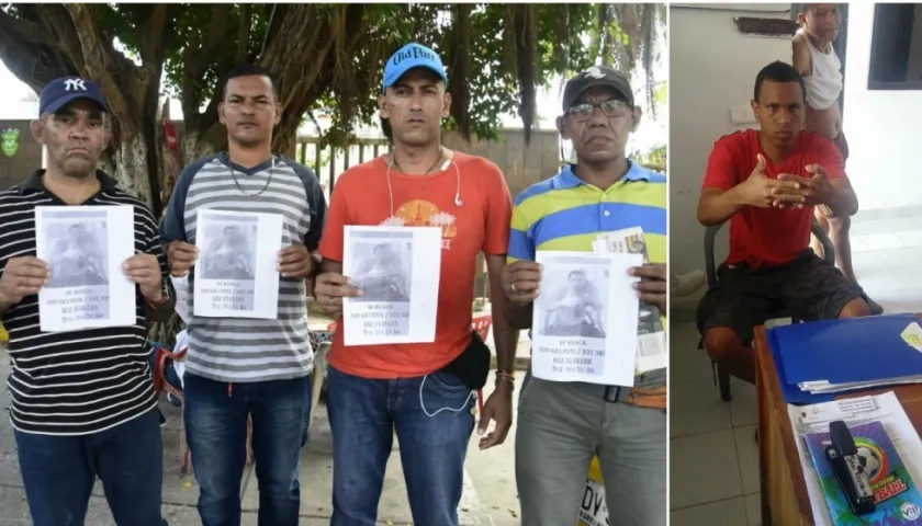 Rodolfo Sánchez Julio y sus compañeros con los carteles de se busca.