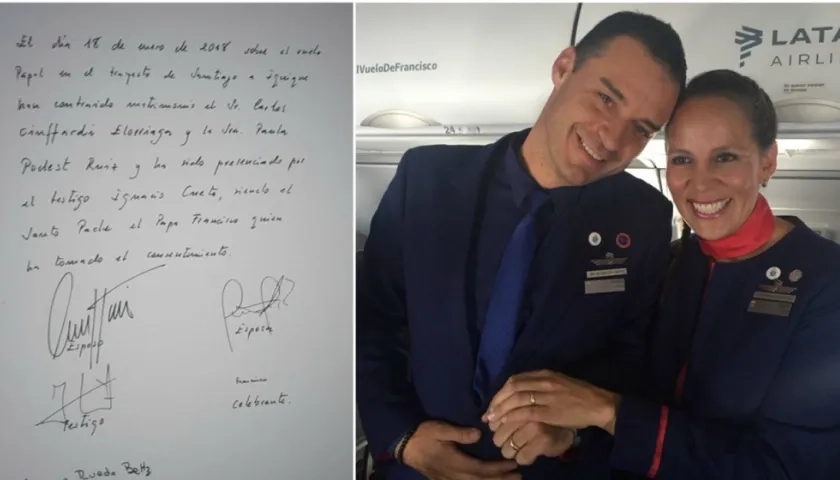 Acta de matrimonio y los recién casados Carlos Ciuffardi y Paula Podest Ruiz.