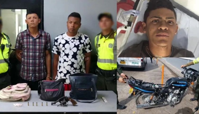 Los capturados, el arma y la moto incautada, y los objetos recuperados.