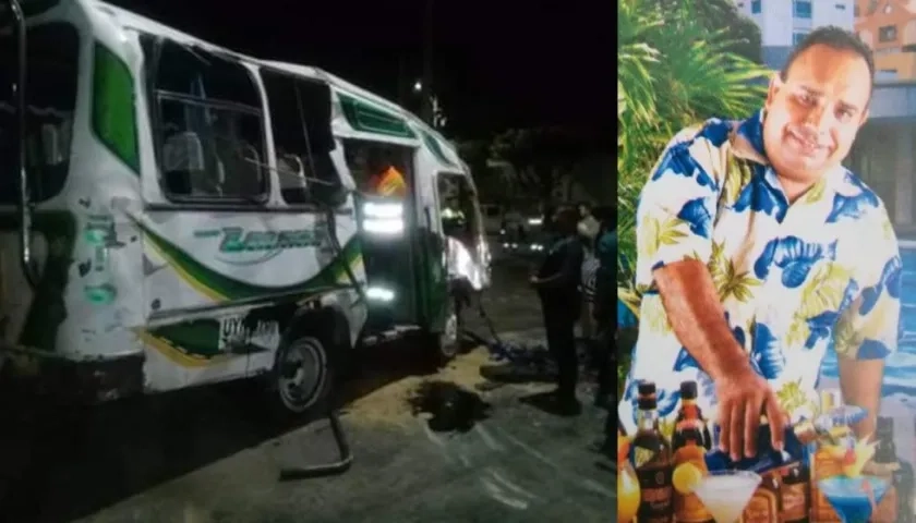 La buseta accidentada y foto en vida de Marlon José Marriaga Calderón.