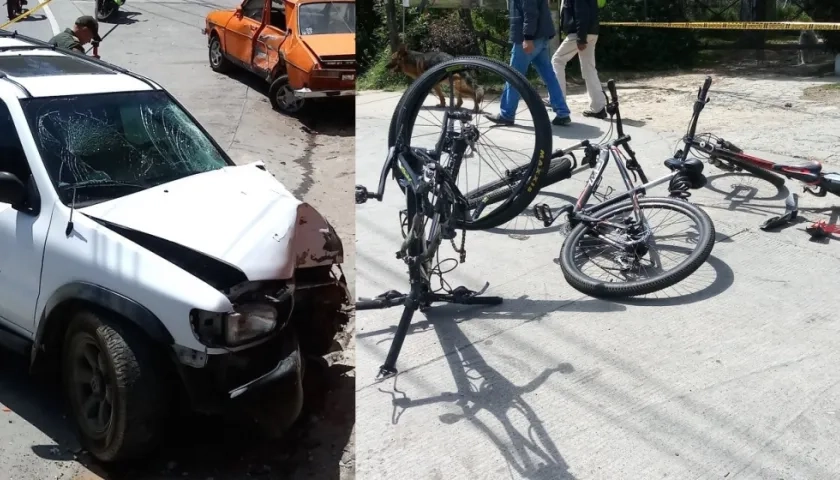 Vehículo causante del accidente y estado en que quedaron las bicicletas.