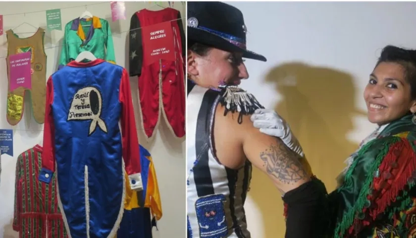 Dos integrantes de murgas mientras posan con sus trajes en la inauguración de la muestra "Hermanando carnavales" en el Museo de la Historia del Traje de Buenos Aires.