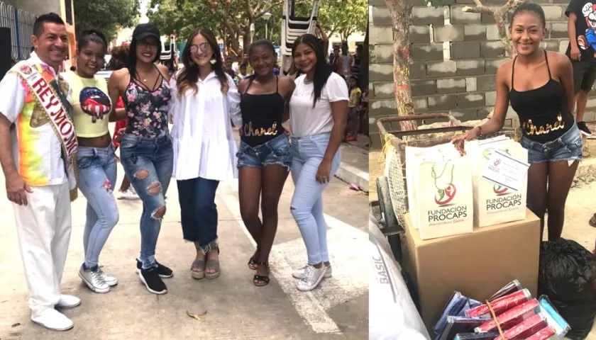 Las reinas con el Rey Momo y las donaciones entregadas a Lilia Orozco.