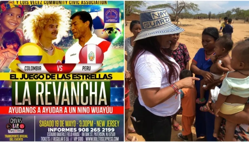 Cartel promocional del partido y Nayi Guardiola, presidenta de la Fundación Colombian American Goodwill.