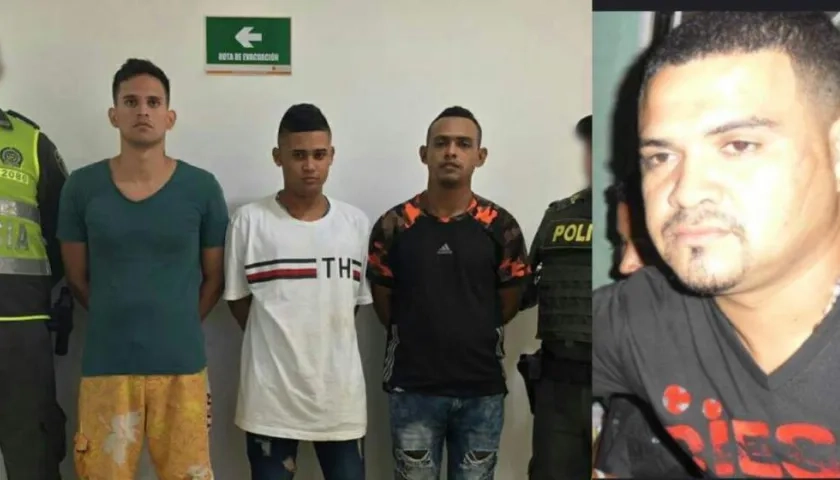 De izquierda a derecha, Cristian Giraldo González, Carlos Montoya Barandica y Jorge Manuel Escorcia Montoya, alias 'El York'. Al lado,  la víctima Jorge Alberto Ducon.