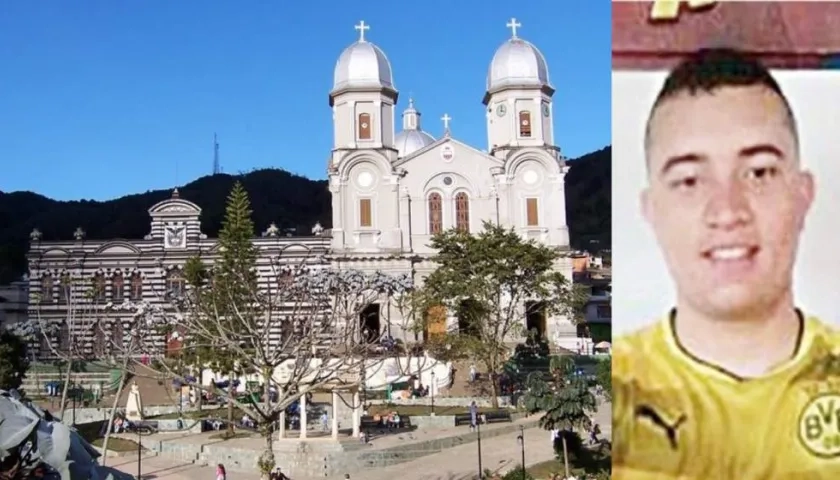 Imagen del municipio de Yarumal y el patrullero Víctor Manuel Bertel.