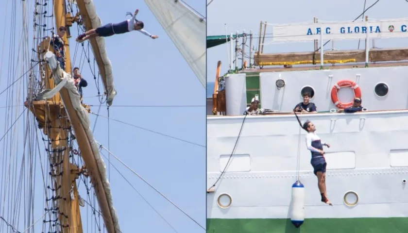Momentos en que Orlando Duque salta desde el mástil más alto del buque Gloria.