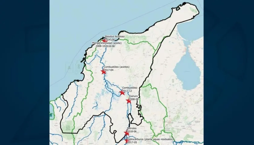 Mapa con algunos puntos con derrames o eventos con potenciales derrames en el área de la RAP-Caribe y el Río Magdalena.