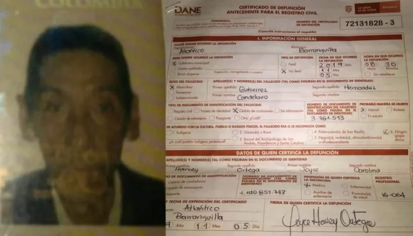 Candelario Gutiérrez Hernández y el acta de defunción.