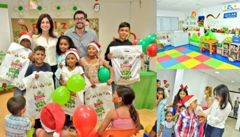 Katia Nule y Clemente Fajardo, junto a los niños migrantes.
