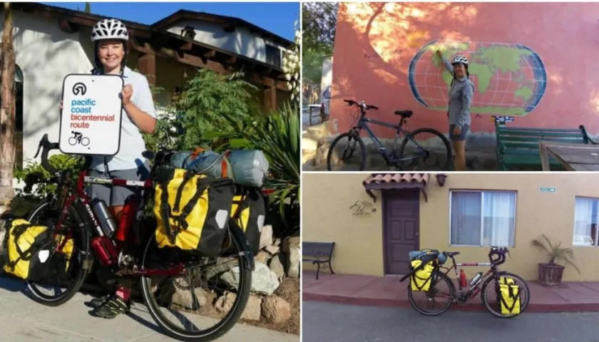 Sarah Stork, con la bicicleta que utiliza para su recorrido internacional.