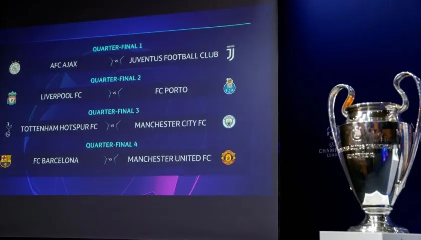 El trofeo de la Liga de Campeones de la UEFA junto a los emparejamientos de cuartos de final de la Liga de Campeones