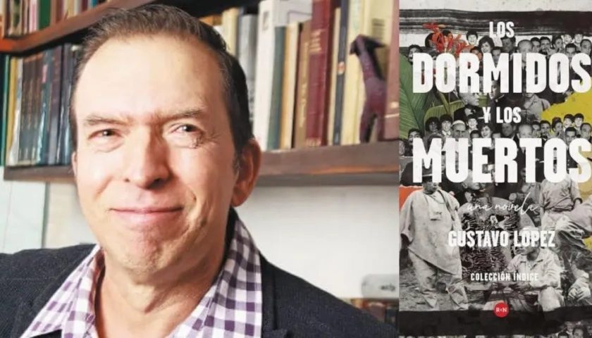 El escritor Gustavo López y la portada de su novela. 