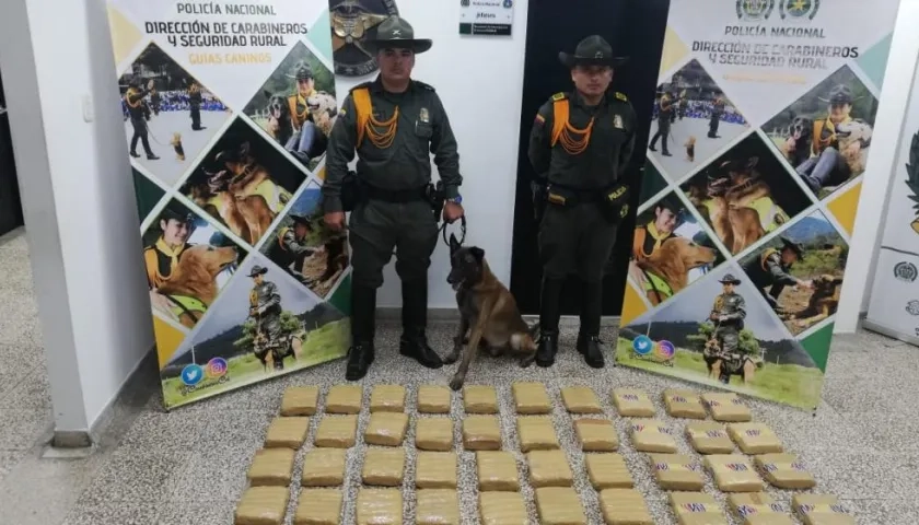 El perro 'Rambo', al lado de los carabineros, y la droga incautada. 