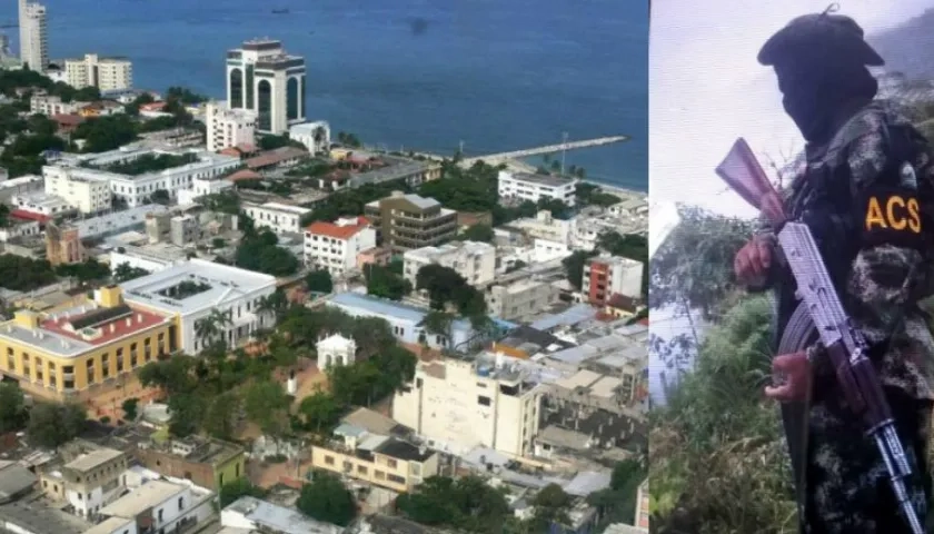 A la derecha se ve a un hombre armado en la Sierra Nevada portando el distintivo de las ACS. 