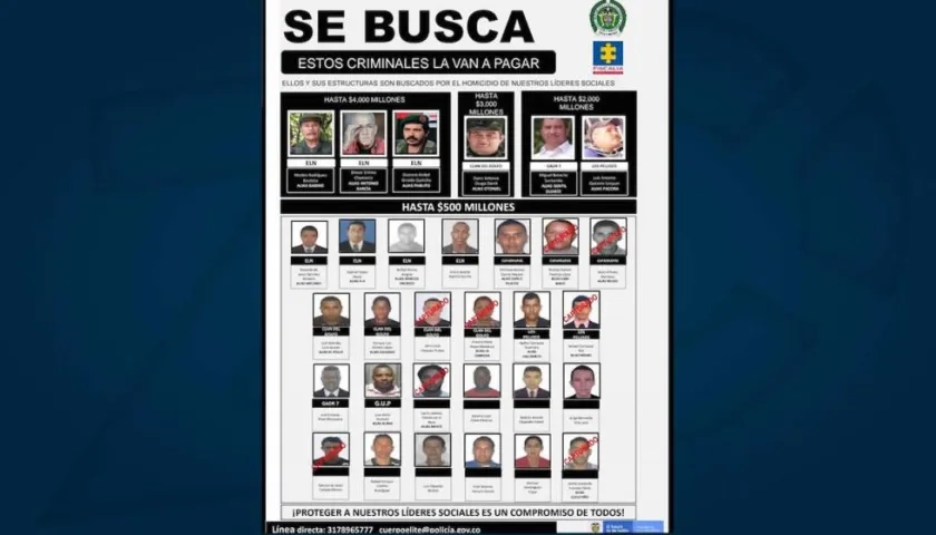 Cartel de capturados y de los más buscados por homicidios de líderes sociales.