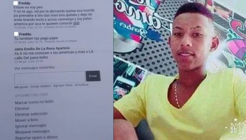 A la izquierda, las amenazas que supuestamente lanzó alias 'Freducho' contra el padre del joven asesinado; a la derecha, Dainer Enrique De la Rosa Zapata, el adolescente asesinado.