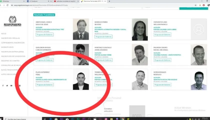 Así aparecen los candidatos a la alcaldía de Soledad en la página de la Registraduría.