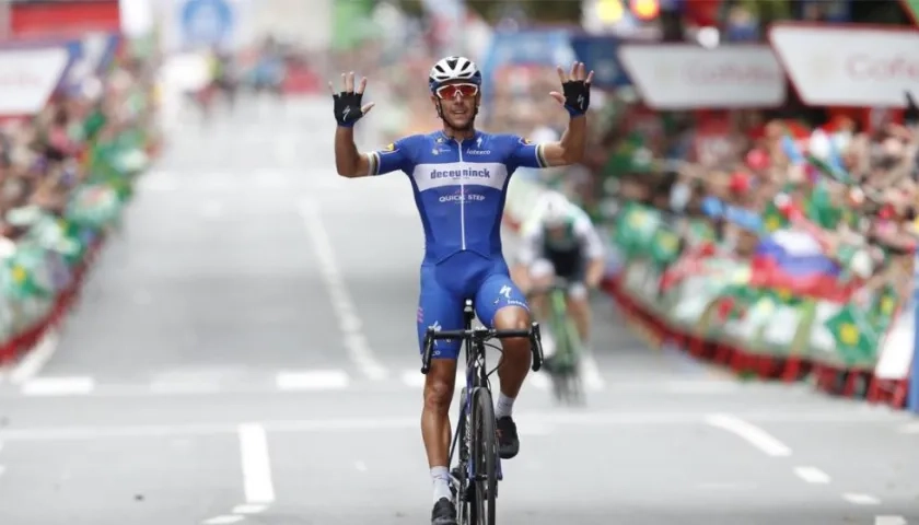 Philippe Gilbert celebra su triunfo en Bilbao. 