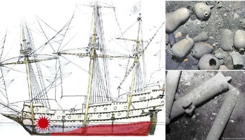 Una imagen del galeón San José y parte de los tesoros.