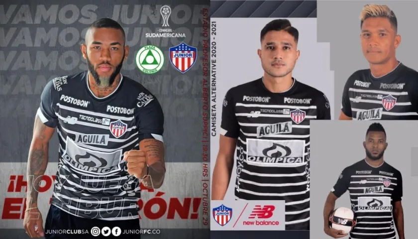 La nueva camiseta es negra, con líneas horizontales blancas. 