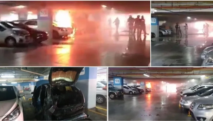 Los bomberos sofocaron las llamas de un carro compacto en parqueadero de centro empresarial Buenavista.
