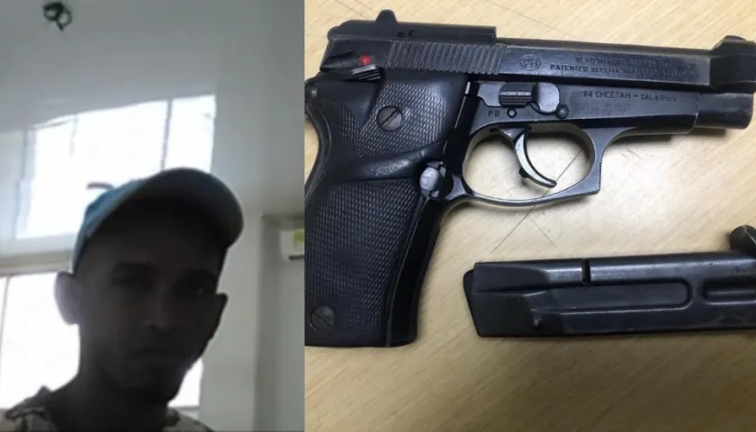 Larry Jair Galvis Orozco durante la audiencia virtual y el arma que le hallaron cuando fue capturado. 