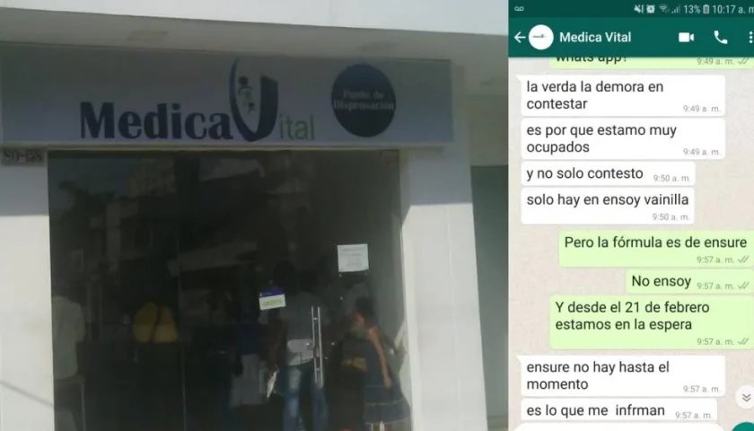 Fachada de la farmacia y chat con la madre del paciente.