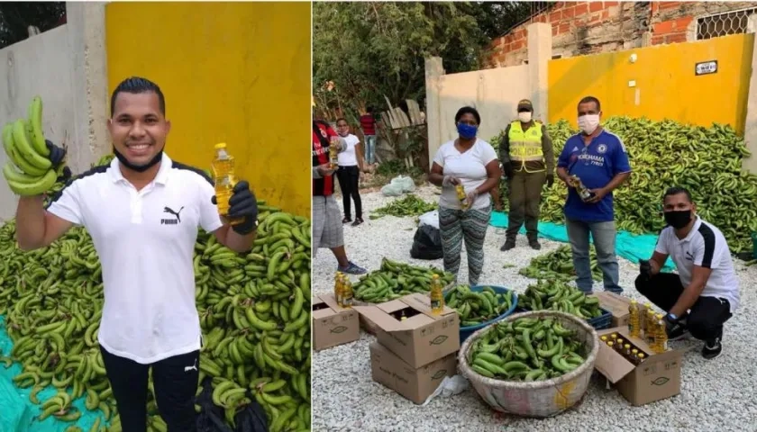 Alexis Castillo, con los guineos verdes que compró y el aceite que donó la Fundación Tecnoglass.