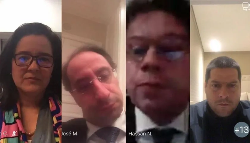 Los ministros de las TIC y de Comercio, Secretario de Prensa y el senador Mauricio Gómez, durante la reunión virtual.