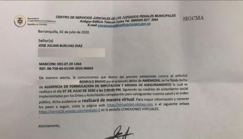 Citación a imputación a Candelario Del Cristo Rómulo Bravo.