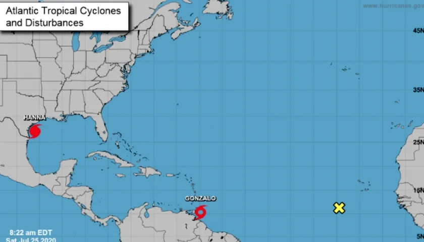 Localización de las tormentas tropicales Hanna en el golfo de México y Gonzalo en el Atlántico.