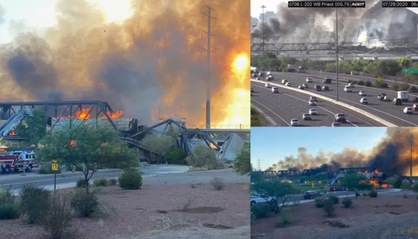 Un tren que transportaba madera se descarriló en el puente Tempe Town en Arizona.