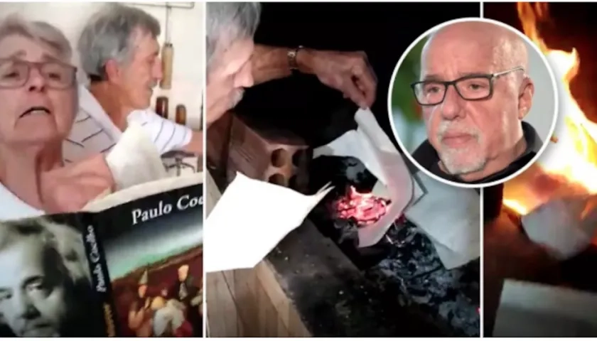 Así quemó esta pareja los libros de Paulo Coelho.
