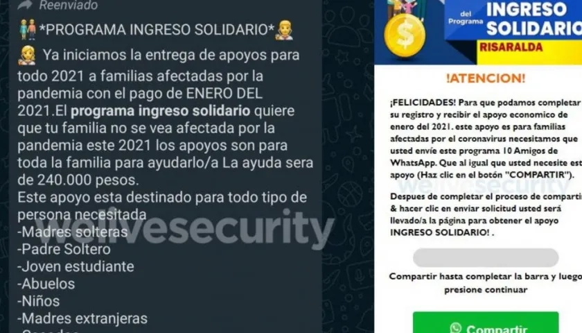 Algunos de los falsos mensajes enviados por WhatsApp.