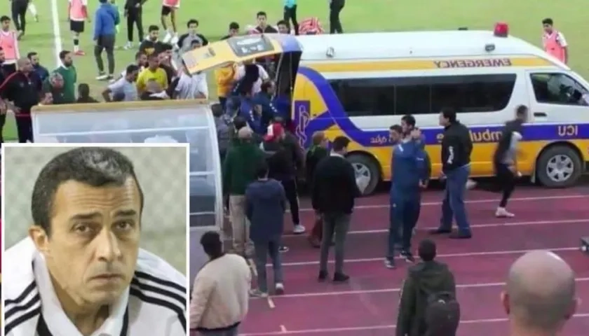Momentos en que sacan al técnico Adham El Selhadar del estadio en ambulancia.