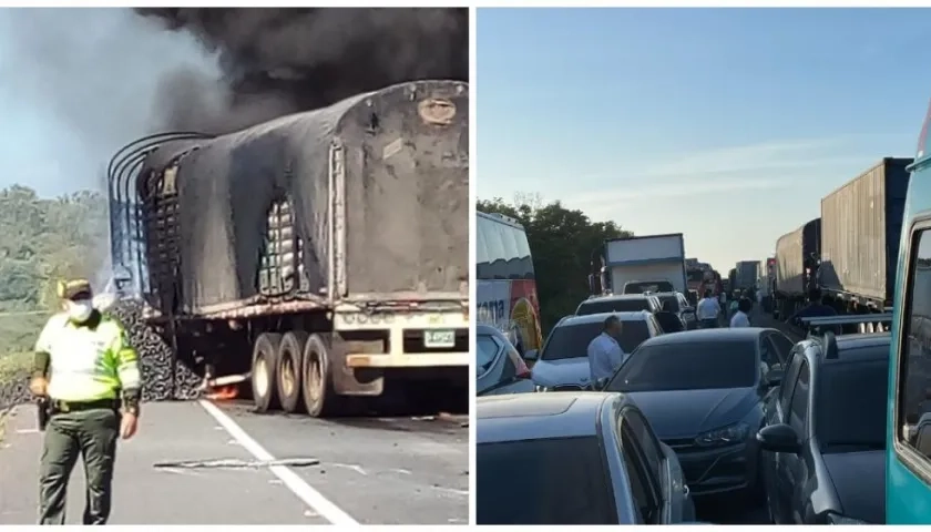 El accidente generó un gigantesco trancón en la vía. 