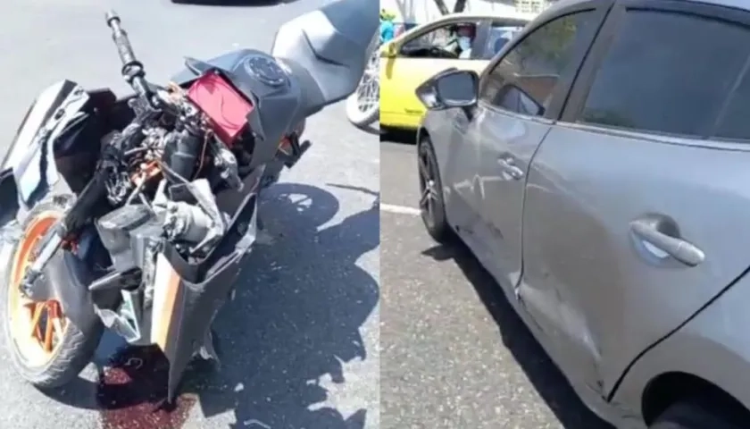 La moto en la que se movilizaba el militar y el vehículo con que se estrelló. 